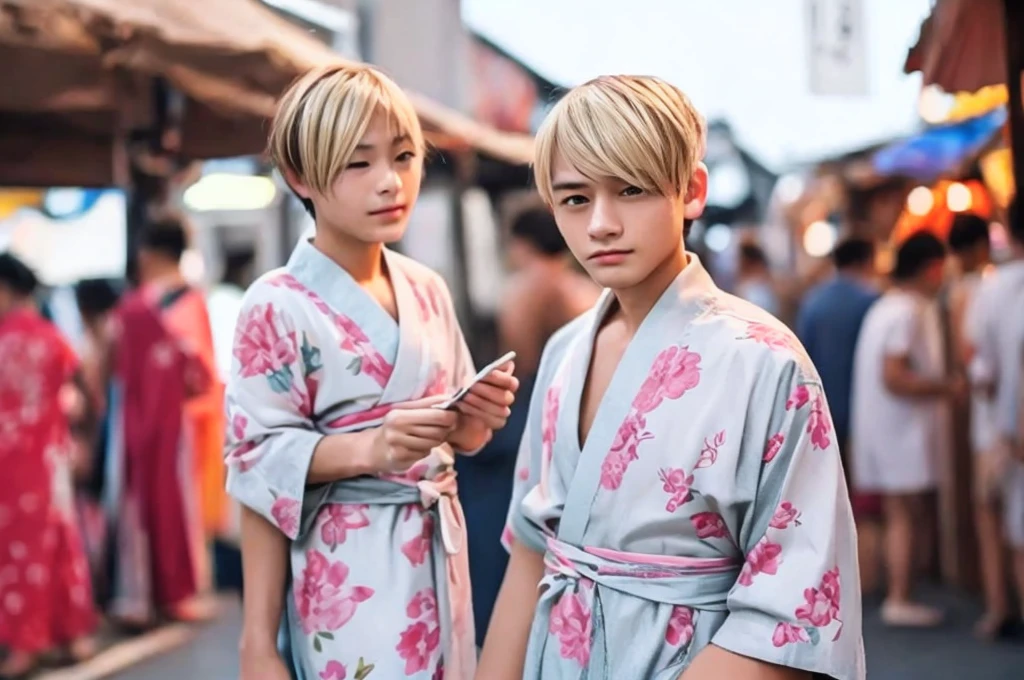 Standing Boy、1 person、Yukata、male、Blonde hair cut、Summer festival、Have a fan