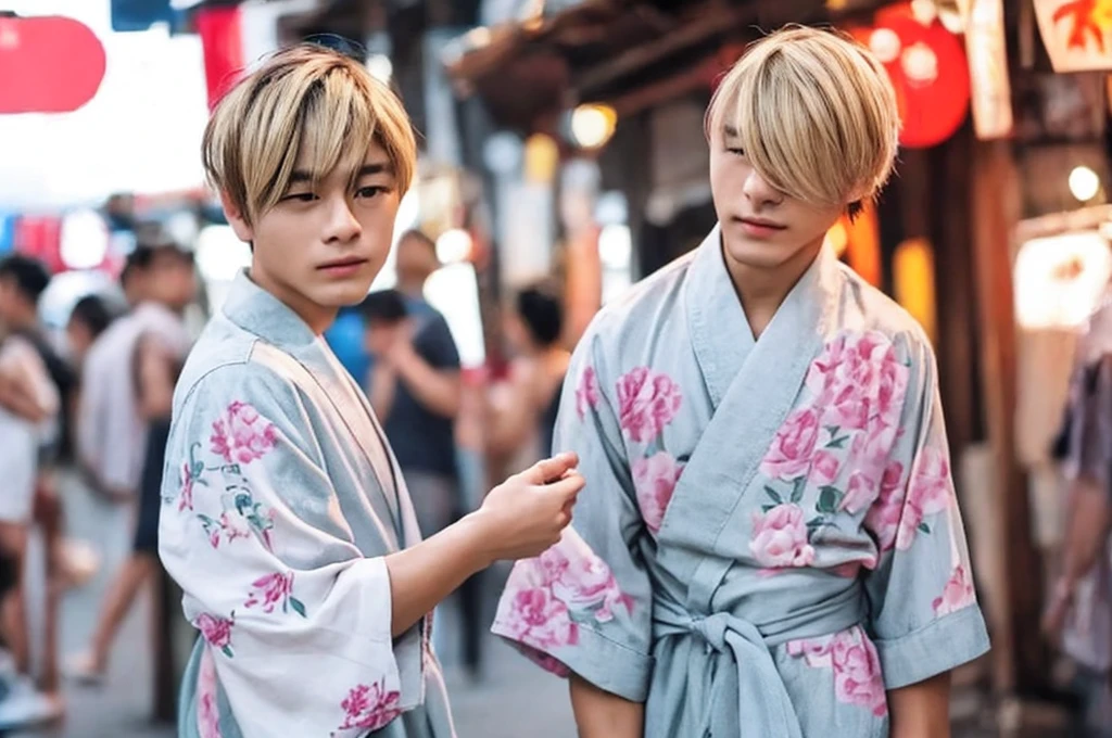 Standing Boy、1 person、Yukata、male、Blonde hair cut、Summer festival、Have a fan