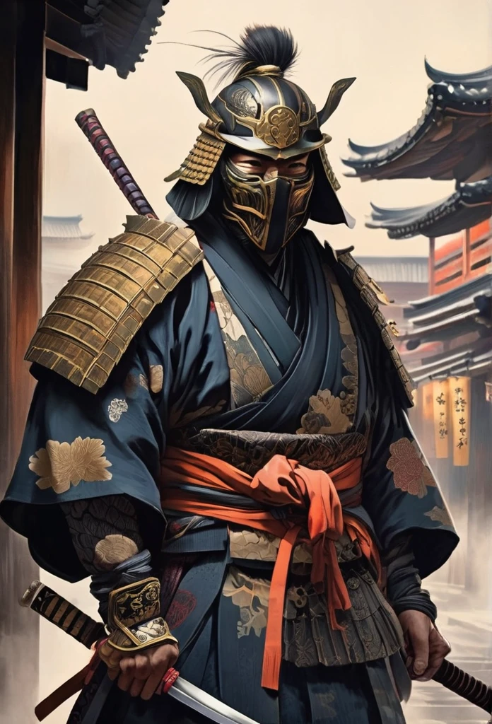 A Japanese warrior ronin with magnificent mask in portrait, the atmosphere is heavy and sad. It's very detailed and in the atmosphere of the old quarter of the time