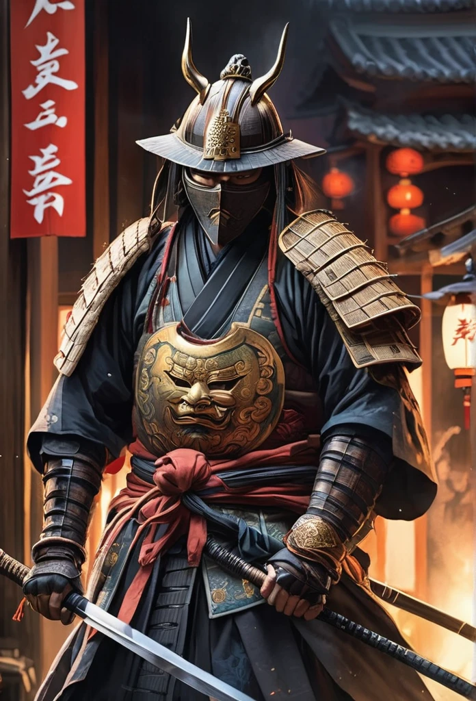 A Japanese warrior ronin with magnificent mask in portrait, the atmosphere is heavy and sad. It's very detailed and in the atmosphere of the old quarter of the time