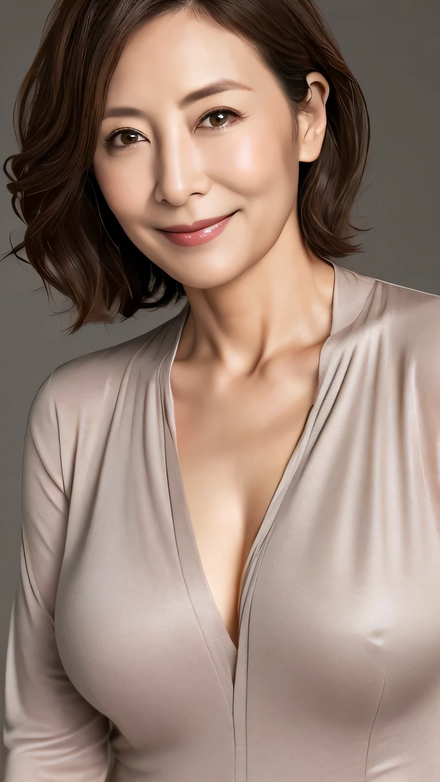 (Highest quality,8K,masterpiece),Mature Japanese Woman,sexy,Age 35,ash brown short hair,((Big Breasts))turtleneck、smile、gray plain background、Surreal、View photographer、Fine wrinkles on the skin、Emphasize the chest、Natural Makeup、Chest、Open clothing、lingerie