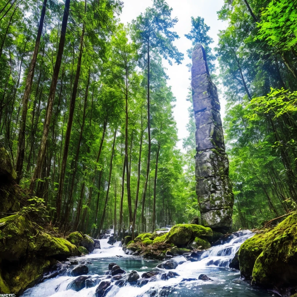 In a karst forest，There is a stone pillar that leads directly to the Heavenly Street，White liquid is flowing out all over the sky