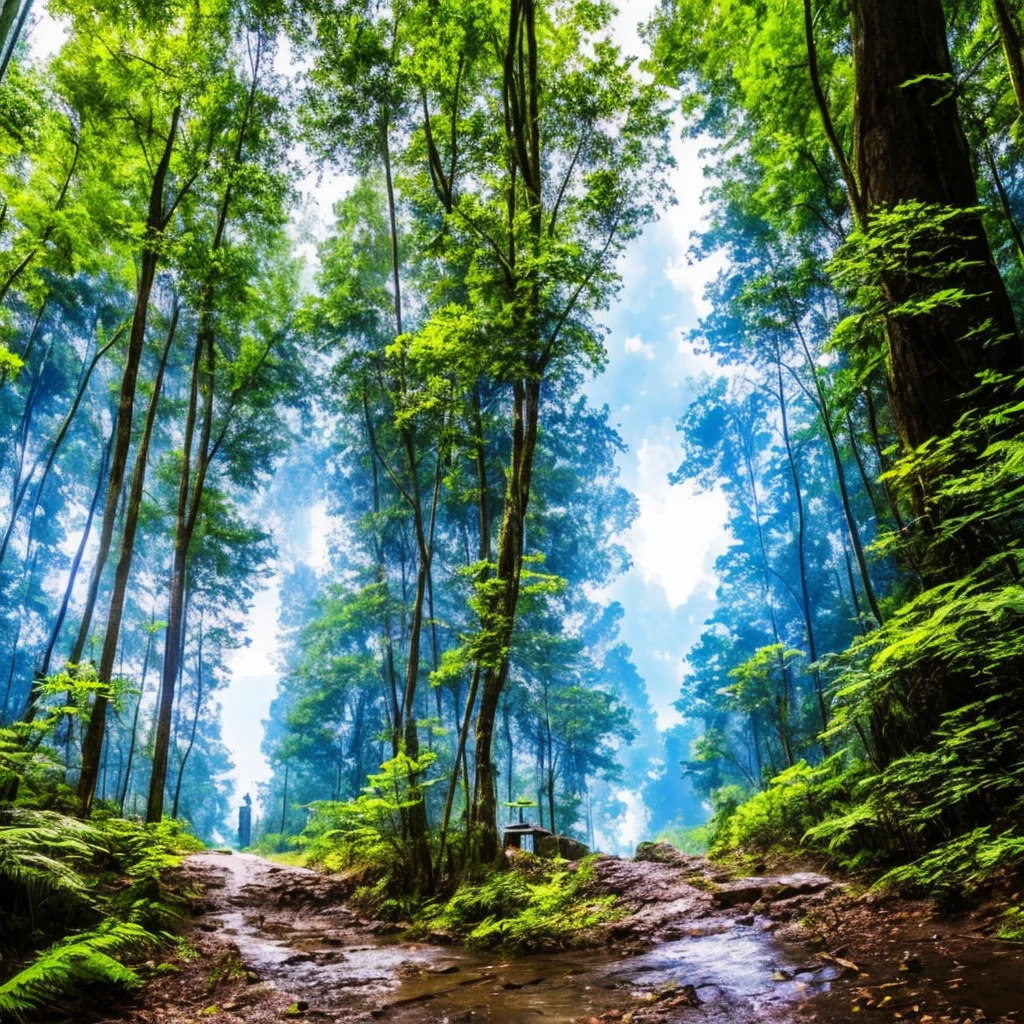 In a karst forest,There is a stone pillar that leads directly to the Heavenly Street,White liquid is flowing out all over the sky