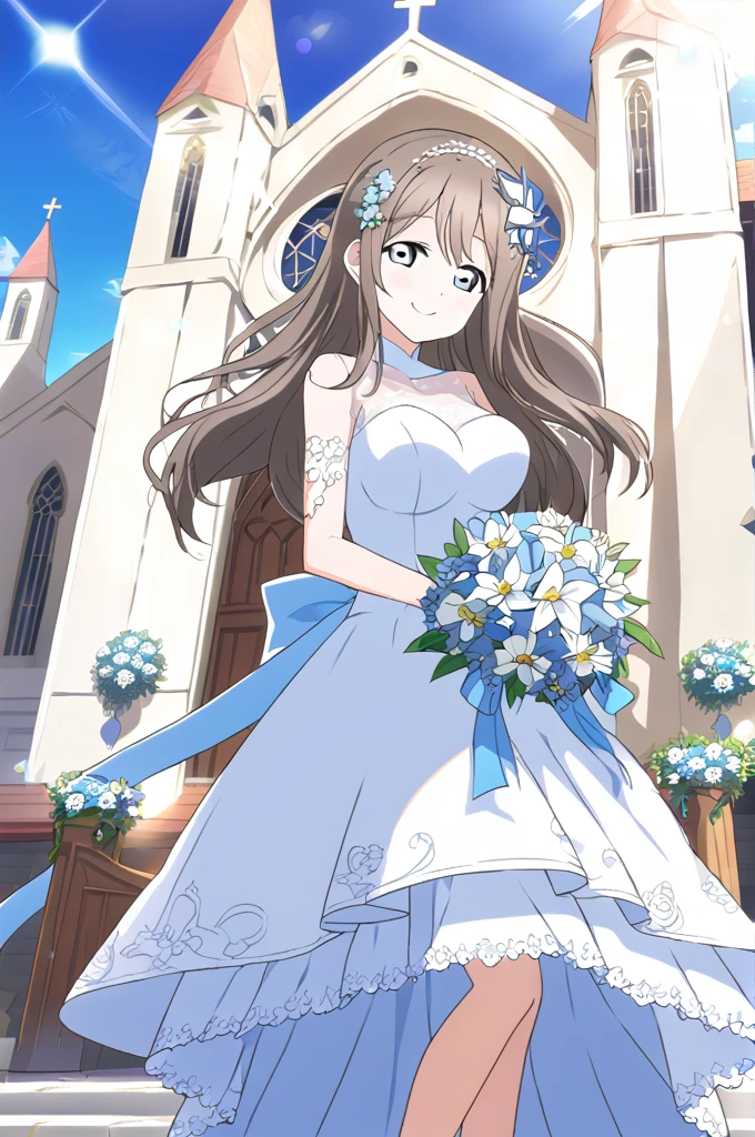 ((masterpiece, best quality)), anime style, Melody_Pokemon,  blue eyes, long hair, brown hair,  white dress,  bridal veil, flowers, head wreath, solo, smiling, looking at viewer, cowboy shot,, curvy,,