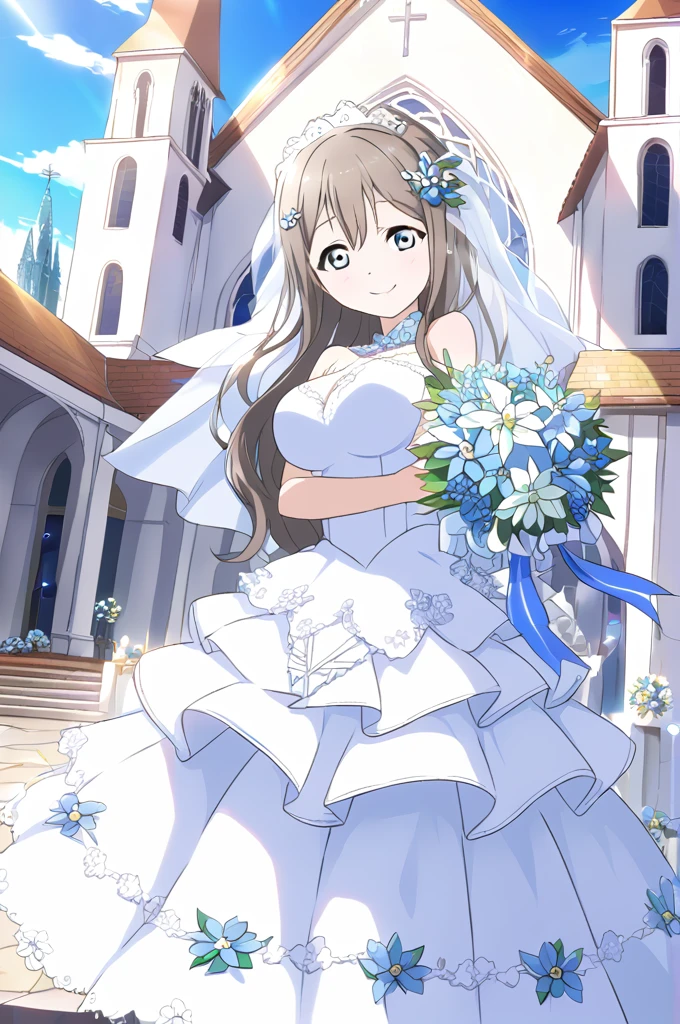 Sakurazaka Shizuku　Black brown hair　Long Hair　Light blue eyes　whole body　White Wedding Dress　High quality　Light blue flower bouquet　smile　Light blue flower decoration　Large breasts　Light blue floral hair ornament　Outside the church　Sunny sky　Shining