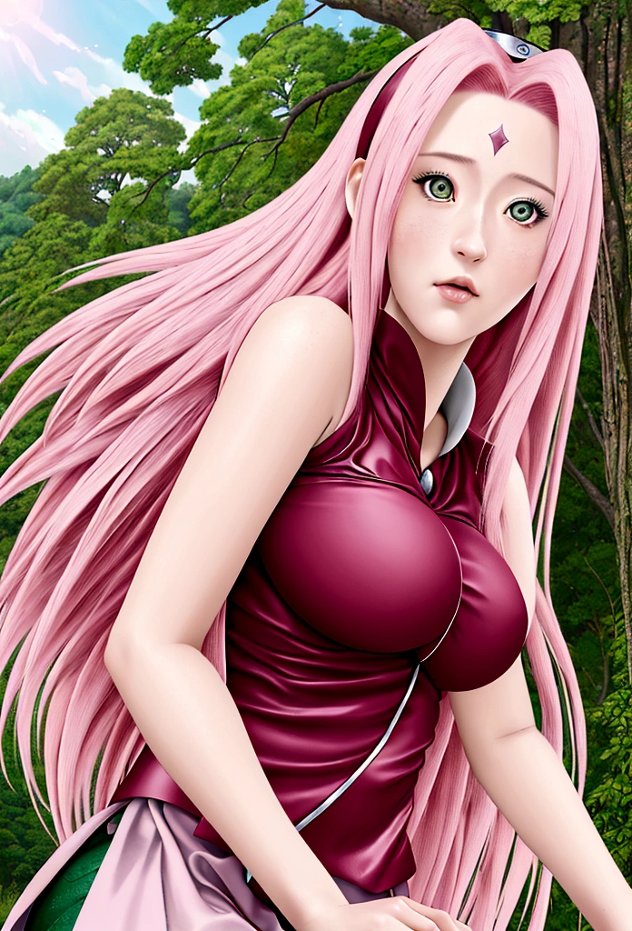 High quality masterpiece, sakura haruno, An anime woman with pink hair and green eyes with big breasts, nude, sakura haruno, Digital art style, high resolution, realistic ART, sakura haruno, Harunos Sakura, Solo, 1 girl, long hair, long hair, Fairy Queen, tall, Beautiful and very detailed