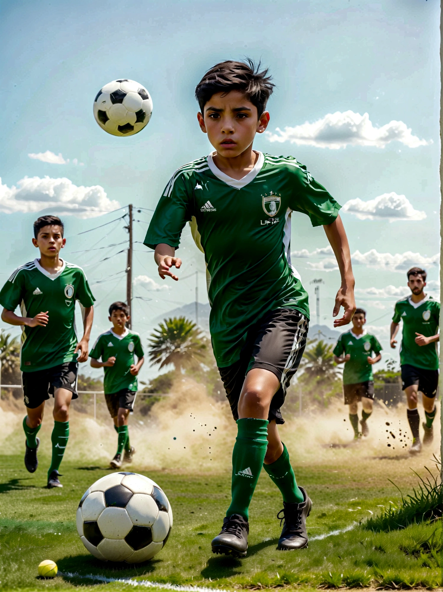 A Middle Eastern football player in action. This image has been painted with vibrant colors and bold brushstrokes to accentuate the energy and intensity of a professional athlete. The athlete possesses a strong and muscular body, with well-defined arms that project a powerful athletic aura. His confident pose encapsulates his readiness to rule the field. The dynamism of the scene, frozen through the capture of a high-speed lens, showcases his agility and tenacious determination. The vibrant color palette adds another layer to the excitement, punctuating the football player's intense focus. This image, drawing inspiration from hyperrealism, embodies the essence of a professional football player. Perfect as a sports magazine cover or motivational poster.