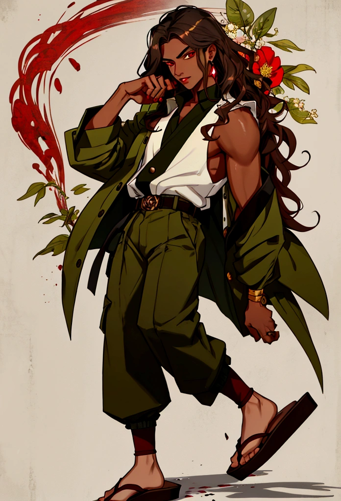 young male, demonic traits, has an unparalleled beauty, long wavy brown hair, ruby red eyes, BROWN SKIN, parts,diamond face, slightly small and oval lips, splattered nose, medium complexion, olive green sleeveless button down shirt, Gray haakama pants and white geta shoe, open haori with floral details, white tones with olive green and gold.