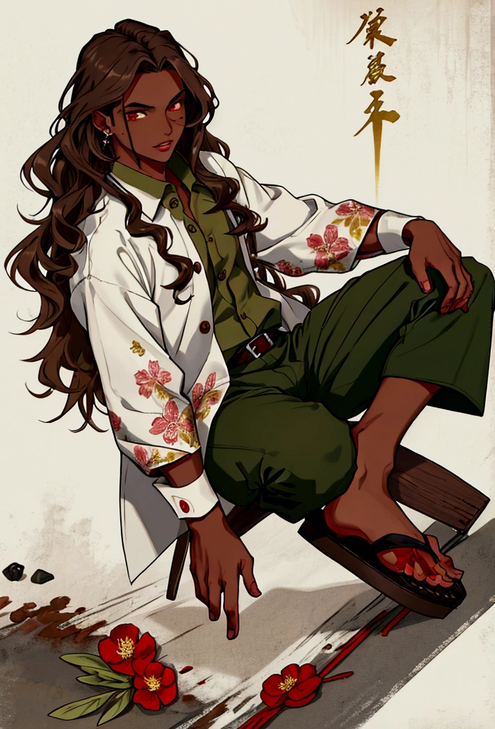 young male, demonic traits, has an unparalleled beauty, long wavy brown hair, ruby red eyes, BROWN SKIN, parts,diamond face, slightly small and oval lips, splattered nose, medium complexion, olive green sleeveless button down shirt, Gray haakama pants and white geta shoe, open haori with floral details, white tones with olive green and gold.