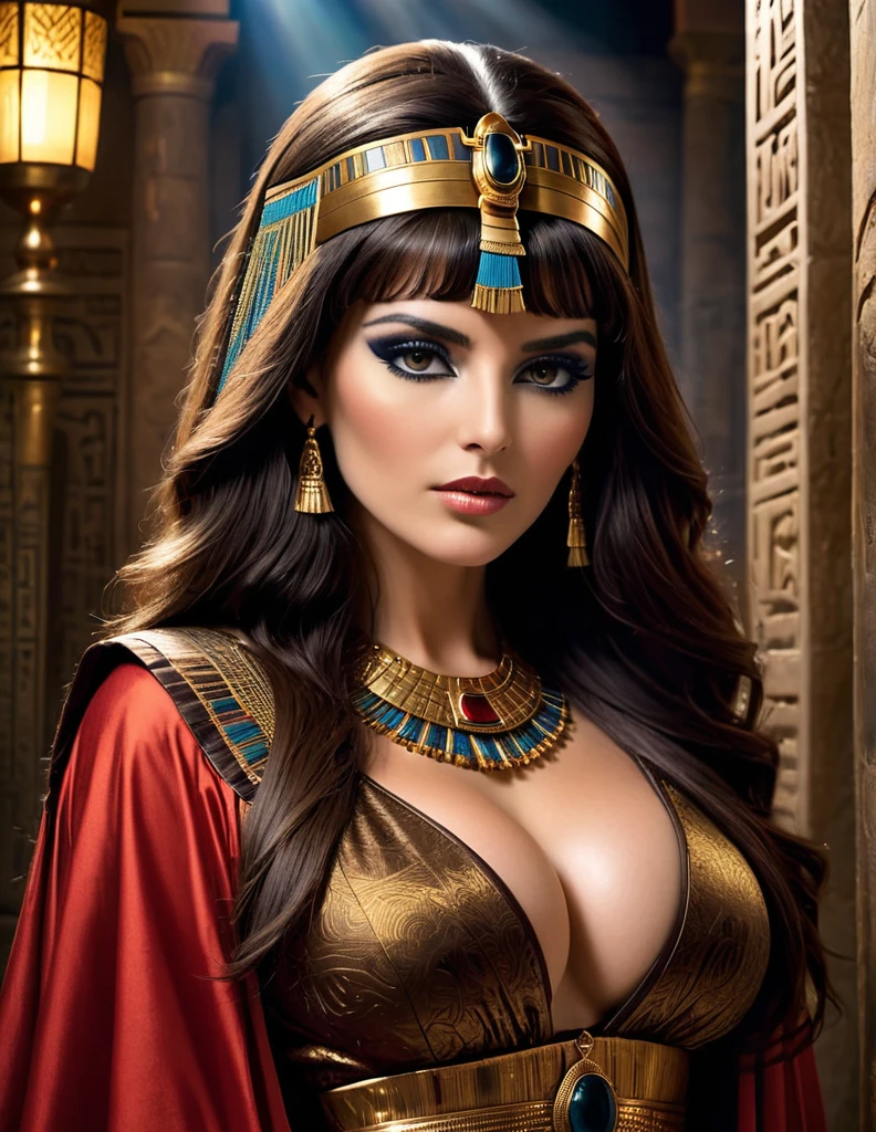 Cleopatra gothique dominatrix franchissant les porte d'un temple antique mystérieux rejoignant les enfers regard in her craft and her long light brown hair , 35 years of experience. His keen focus and intense gaze forward seem to pierce through the darkness of ancient Egypt, Revealing Hidden Truths and Mysteries.
The intricate details of their traditional robes red and Brown are reproduced in stunning detail, while cinematic lighting adds a touch of drama to the scene. Esta imagem sobrenatural, Captured in 8K resolution, will leave you in awe of its beauty and depth elle a un maternelle