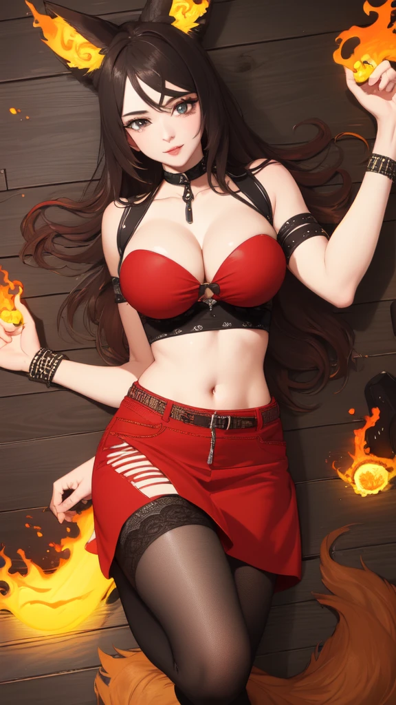 (masterpiece:1.3), (highly detailed:1.3), (highres:1.1), best quality, Ultra-detail, 1girl, solo, looking at viewer, fiery tail, wolf ears, Sinder vtuber, cleavage,