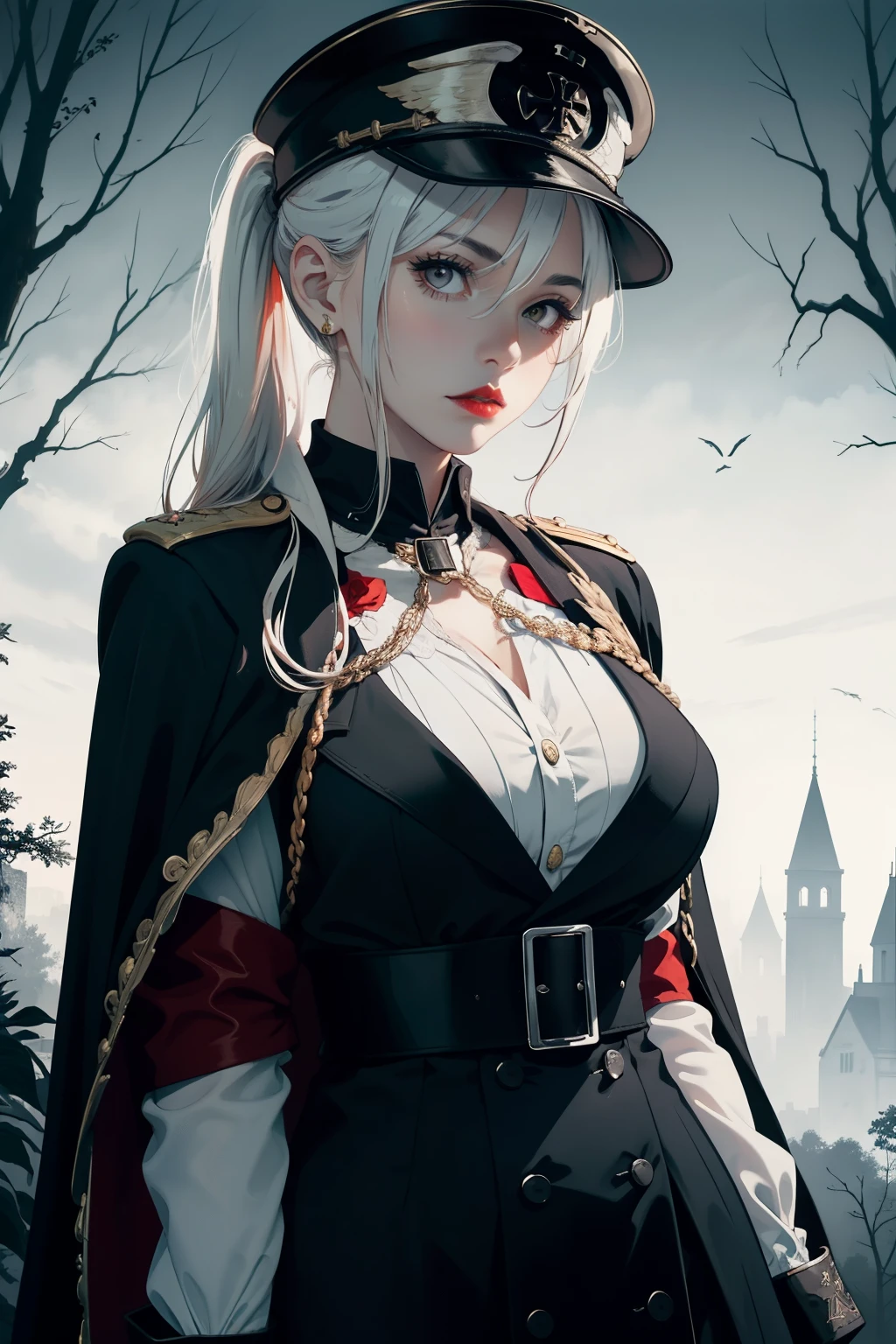 HDR, very detailed, Extra resolution, Masterpiece. 8k hd, a woman wearing a black gothic style military uniform, black military hat with gold details, iron cross symbol on the military hat, hips up, big breasts, 18 year old woman, beautiful face, Special face details, realistic, Red lips, black outfit, white coat, red hair, high ponytail, in the city, intense stare, strong emotions, elegant gesture, flowing dress, Detailed facial features, Long eyelashes, contrast, great details, Incredible atmosphere, Gothic style, black and white plate, Fascinating setting, Haunting beauty,