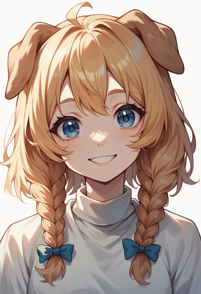 masterpiece, blond hair, young woman, blue eyes, looking at viewer, {{dog ears}}}, dog tail twin braids, medium hair, portrait, smile, heatshot