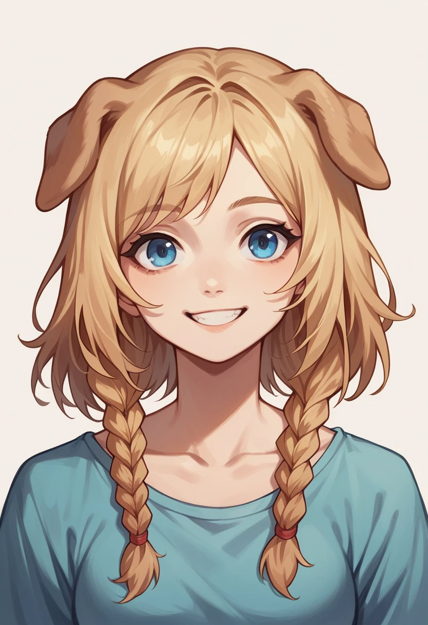 masterpiece, blond hair, young woman, blue eyes, looking at viewer, {{dog ears}}}, dog tail twin braids, medium hair, portrait, smile, heatshot