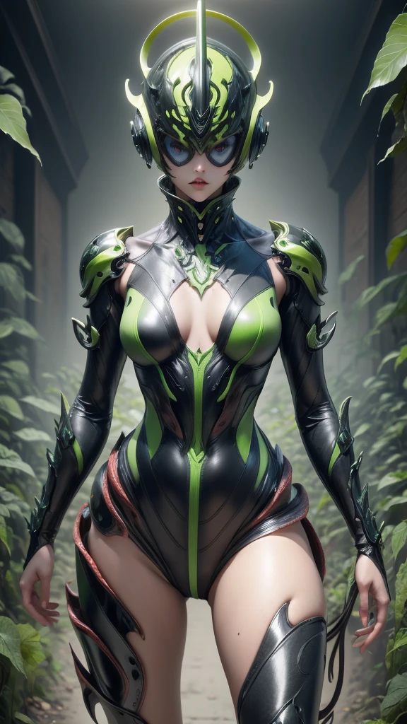 Beautiful girl fused with a Nepenthes. (High quality) （black and Green image color）. body suit. cyber style. Circuit pattern. Biological Armor. Biological helmet. eye mask.