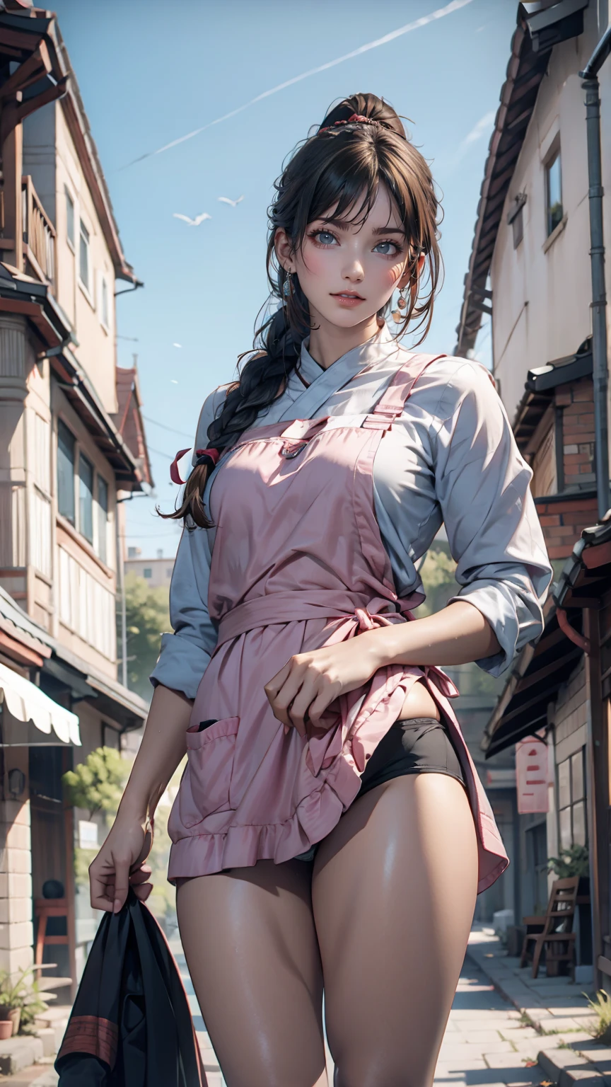 One girl,foot,a girl at building,(((building))), Braided bangs,Braided Ponytail,(alone:1.2),apron,Thick thighs,Side tie panties, Black Hair, ,View your viewers, sunlight,Hanfu,