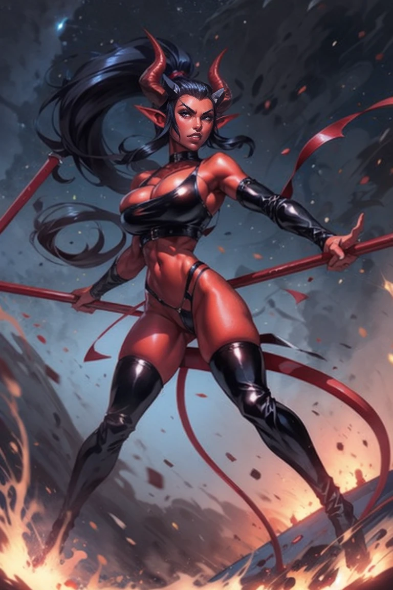 Red skin succubus tiefling, large breasts, black horns, wings, huge tail, black leather, crop top, thong, tall, toned, graceful, thin, long black ponytail. Action scene, whip. Dark scene, explosions, night sky.