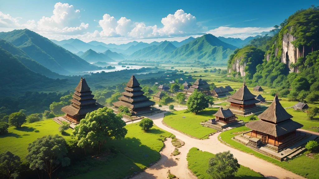 Beautiful scenery of Indonesian ancient village.  Seen from above, realistic photo.  high definition