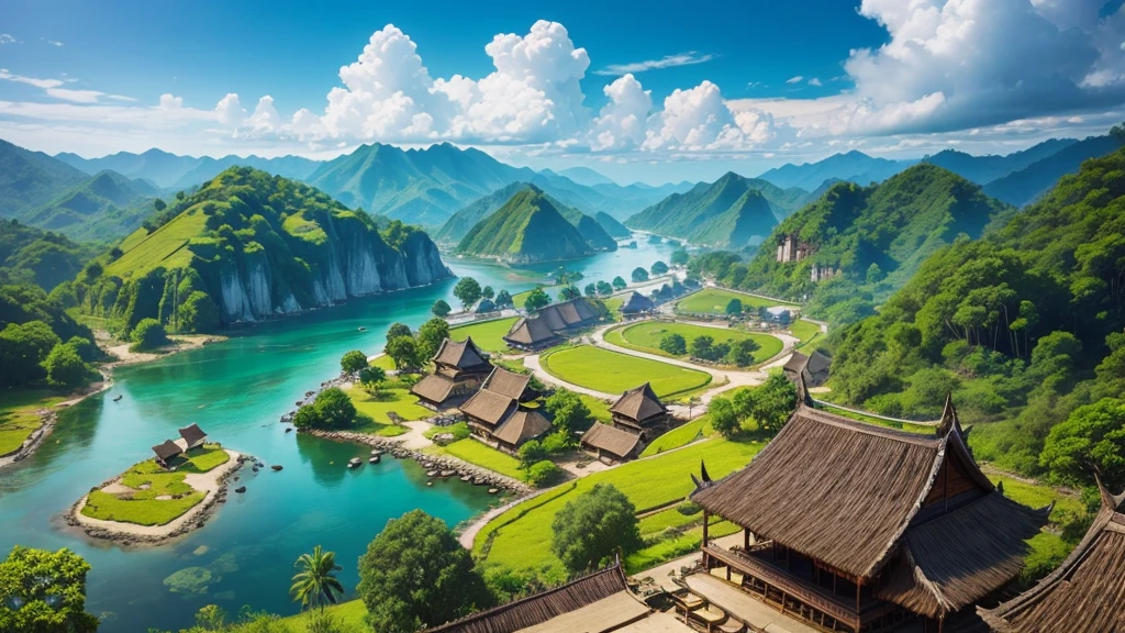 Beautiful scenery of Indonesian ancient village.  Seen from above, realistic photo.  high definition