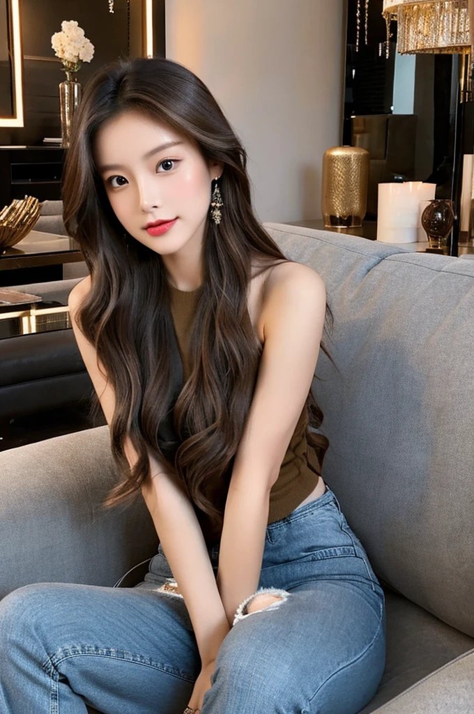 Generate an image of a stunning 20-year-old Asian woman with beauty akin to a goddess of the fire element. She has big brown eyes, dark brown hair, glowing skin, and an attractive appearance. She is wearing a beautiful top paired with blue skinny jeans. The woman is sitting sweetly on a living room sofa, her posture relaxed and inviting, surrounded by cozy and elegant decor.