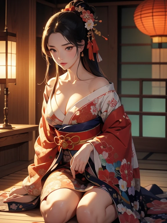 (Highest quality、masterpiece、High resolution、8K)、Ukiyo-e、Vibrant colors、Utamaro、Edo Period、Flowers of Yoshiwara、1 flower kui、whole body、Japanese-style room、It is a tatami room.、There is a lantern、Utamaroの絵のモデル、The courtesan&#39;s hair is black and beautiful、Decoration、hairpin、Hairpin、comb、The kimono is white with red floral patterns、Sitting、Sitting sideways、The kimono has been flipped up, exposing some bare skin.、One hand is holding a fan open、Details of the model&#39;s gestures and facial expressions、Official Art、Detailed CG、