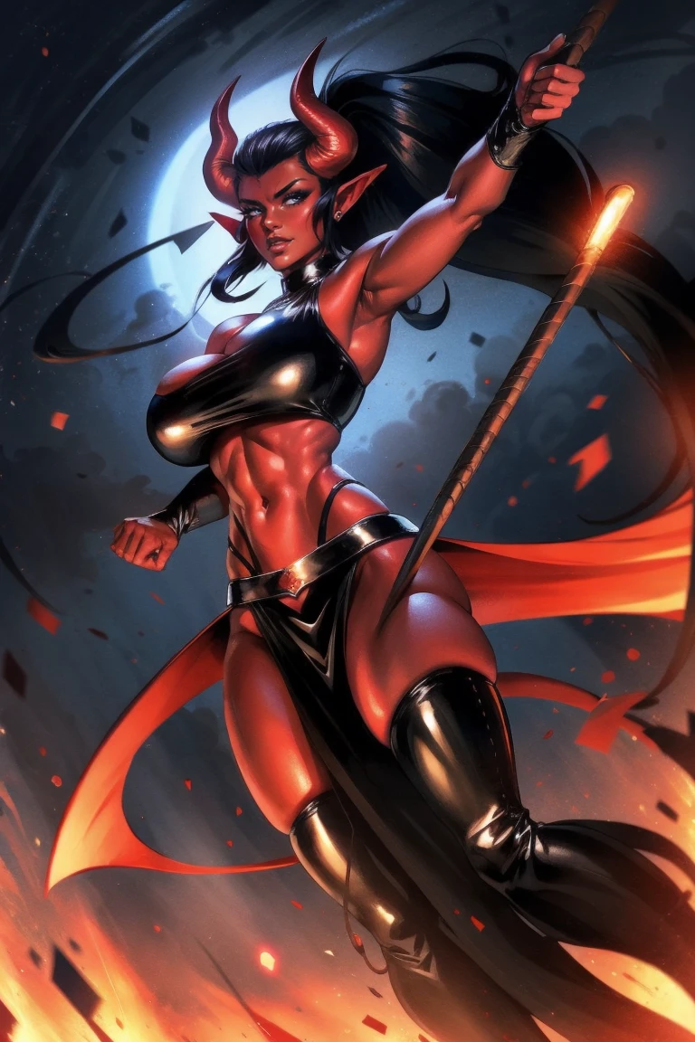 Red skin succubus tiefling, large breasts, black horns, wings, huge tail, black leather, crop top, long flowing pelvic curtain, tall, toned, graceful, thin, long black ponytail. Action scene, whip. Dark scene, explosions, night sky.