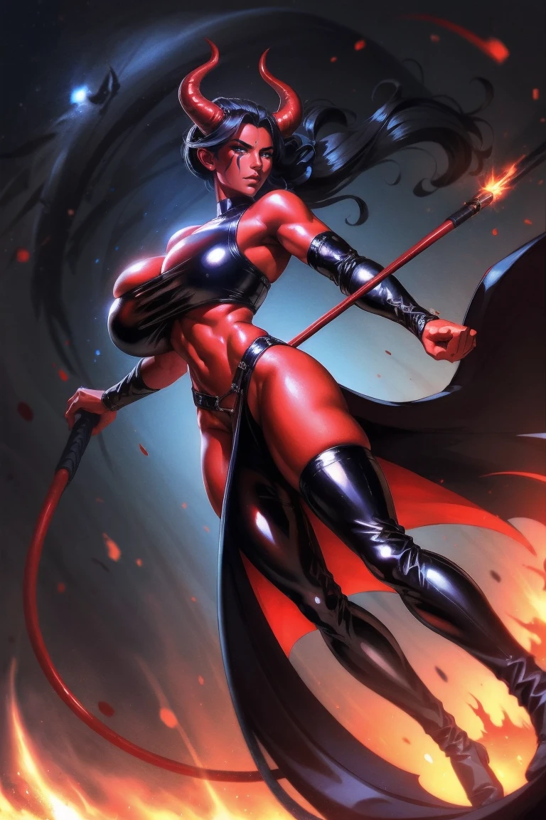 Red skin succubus tiefling, large breasts, black horns, wings, huge tail, black leather, crop top, long flowing pelvic curtain, tall, toned, graceful, thin, long black ponytail. Action scene, whip. Dark scene, explosions, night sky.