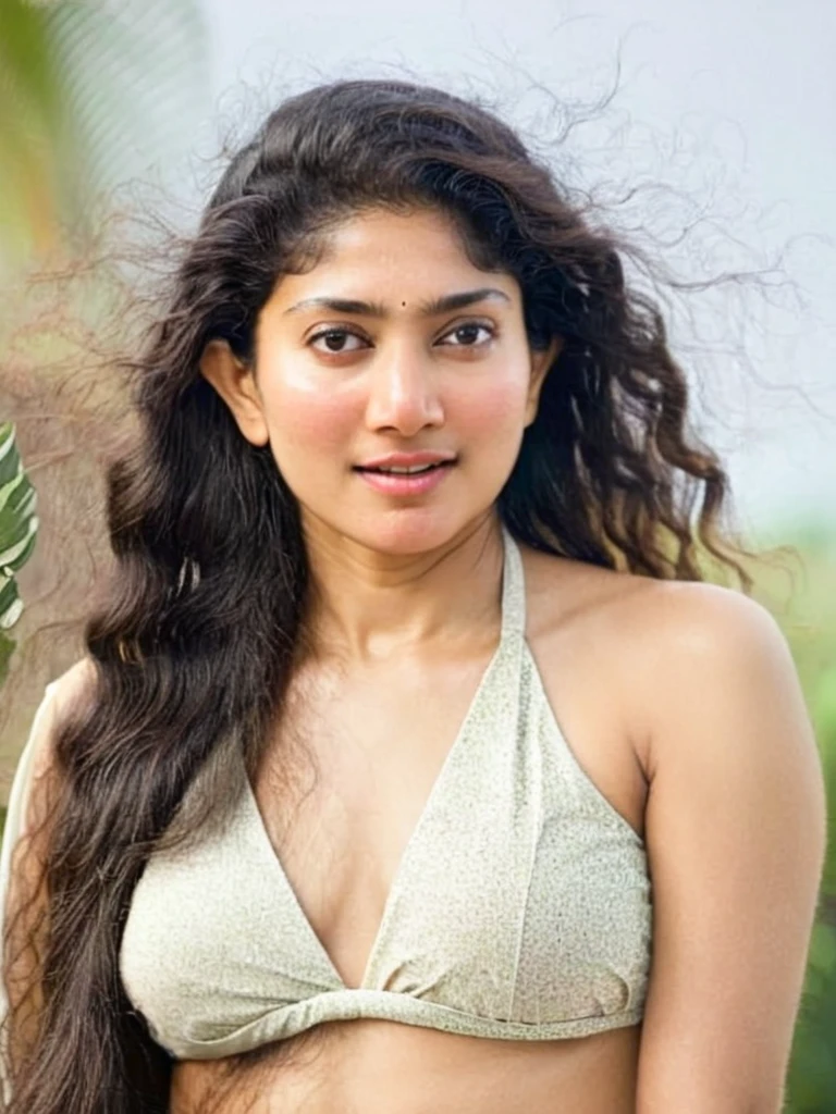 ultrarealistic hires long shot photo of a 30-year-old sai pallavi woman, outdoors, realistic skin texture, looking looking at camera, high collar intricate in bikini