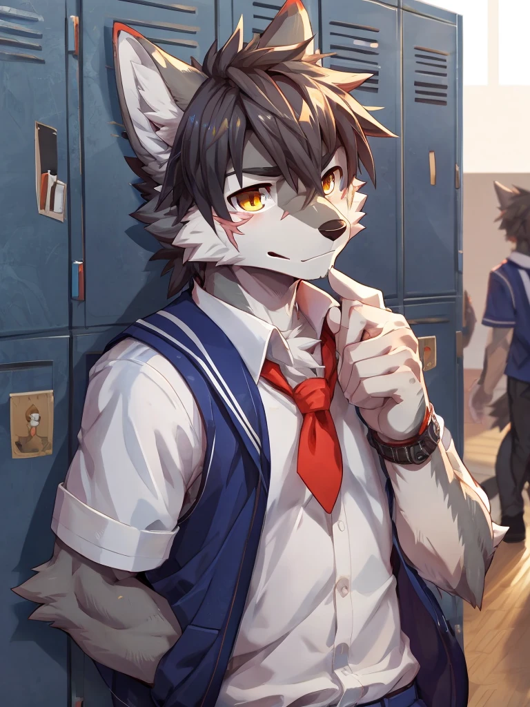 embedding:Gray wolf,Golden Eyes,Single Person,a scar on the face.Gray fur,High school students,male school uniform,Scratch head,Standing by the school locker,Nervous,Male.Thin,Handsome,Smart,Nervous,Best quality hands, best quality eye,detailed fur,Delicate eyes.Extreme picture quality,by sollyz,by zixiong,by null_ghost