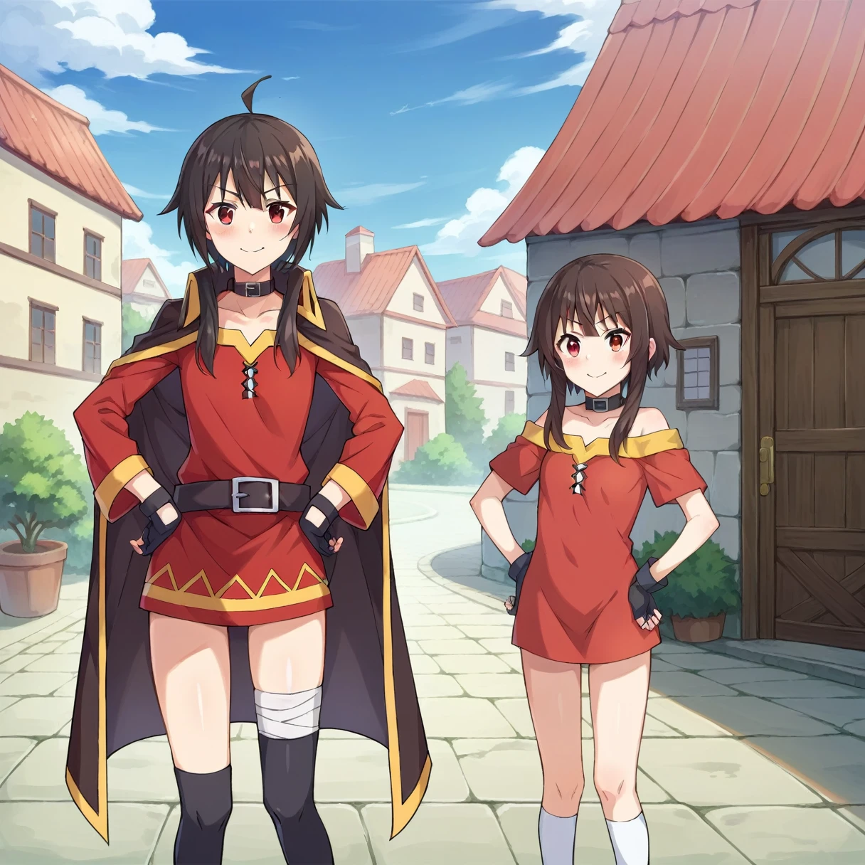 score_9, score_8_superior, score_7_superior, score_6_superior, score_5_superior, score_4_superior, Break Source_anime,Shirakawa-go,Observatory,Outdoor,smile,Are standing,Put your hands on your hips,Megumin, short hair, Black Hair, Red eyes, Side Lock, Long Hair,,Knee socks, gloves, Have,Red dress, black gloves, belt, black Knee socks, fingerless gloves, Cape, collar, witch Have, bandage, Red dress, シングルKnee socks, Asymmetrical legwear, bandageを巻いた足