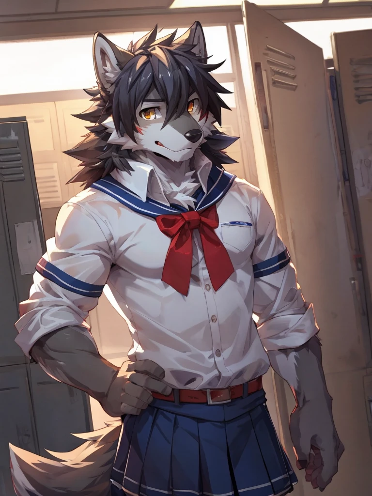 embedding:Gray wolf,Golden Eyes,Single Person,a scar on the face.Gray fur,High school students,male school uniform,Scratch head,Standing by the school locker,Nervous,Male.Thin,Handsome,Smart,Nervous,Best quality hands, best quality eye,detailed fur,Delicate eyes.Extreme picture quality,by sollyz,by zixiong,by null_ghost