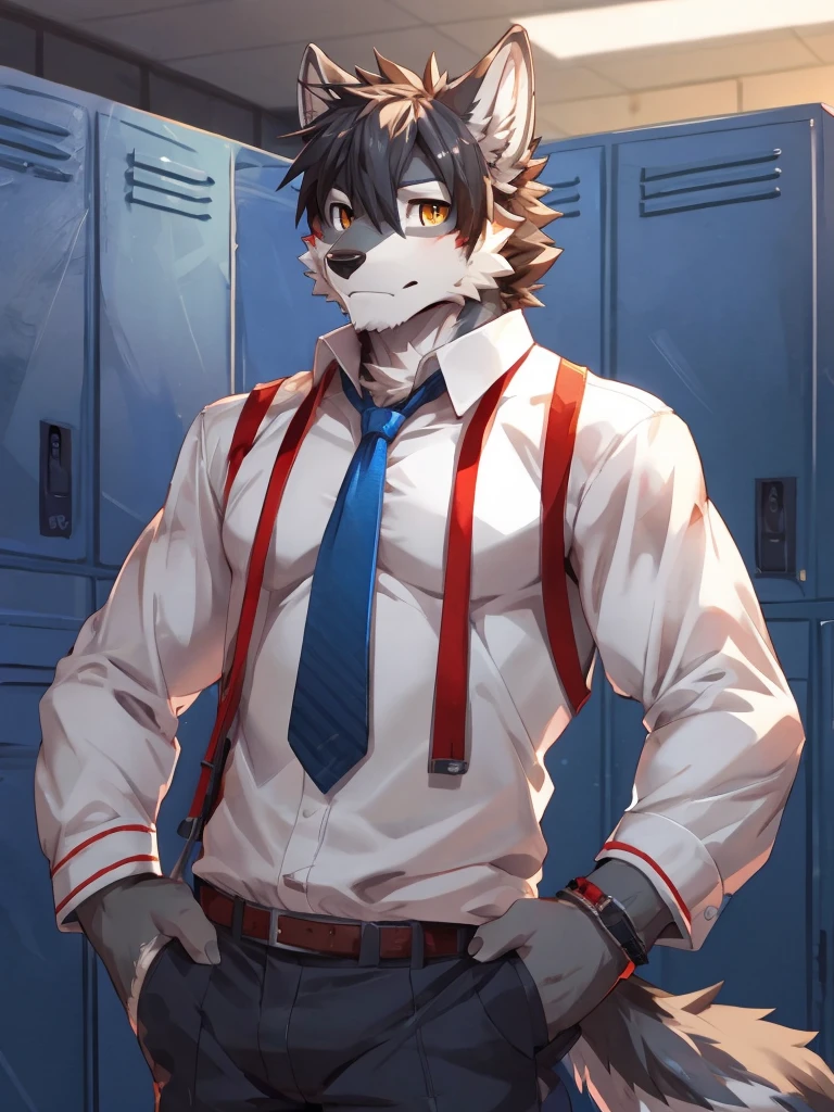 embedding:Gray wolf,Golden Eyes,Single Person,a scar on the face.Gray fur,High school students,male school uniform,Scratch head,Standing by the school locker,Nervous,Male.Thin,Handsome,Smart,Nervous,Best quality hands, best quality eye,detailed fur,Delicate eyes.Extreme picture quality,by sollyz,by zixiong,by null_ghost