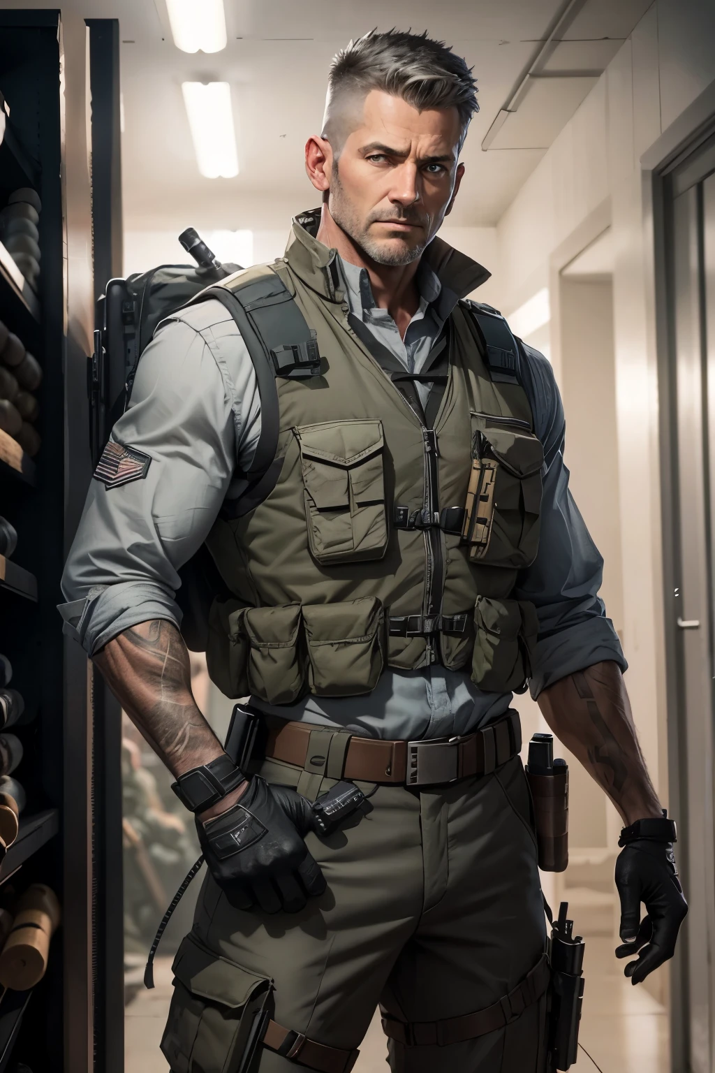 mercenary 40 year old, male focus, gray uniform, gray load-bearing vest, short dark hair, ammunition belt, (free hands:1,4), Dangerous atmosphere, warzone