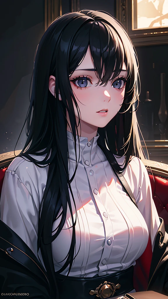 a very beautiful girl with long black hair, black eyes, wearing , extremely detailed face, realistic, photorealistic, ultra-detailed, 8k, highly detailed, masterpiece, dramatic lighting, chiaroscuro, cinematic, digital painting, oil painting, portrait