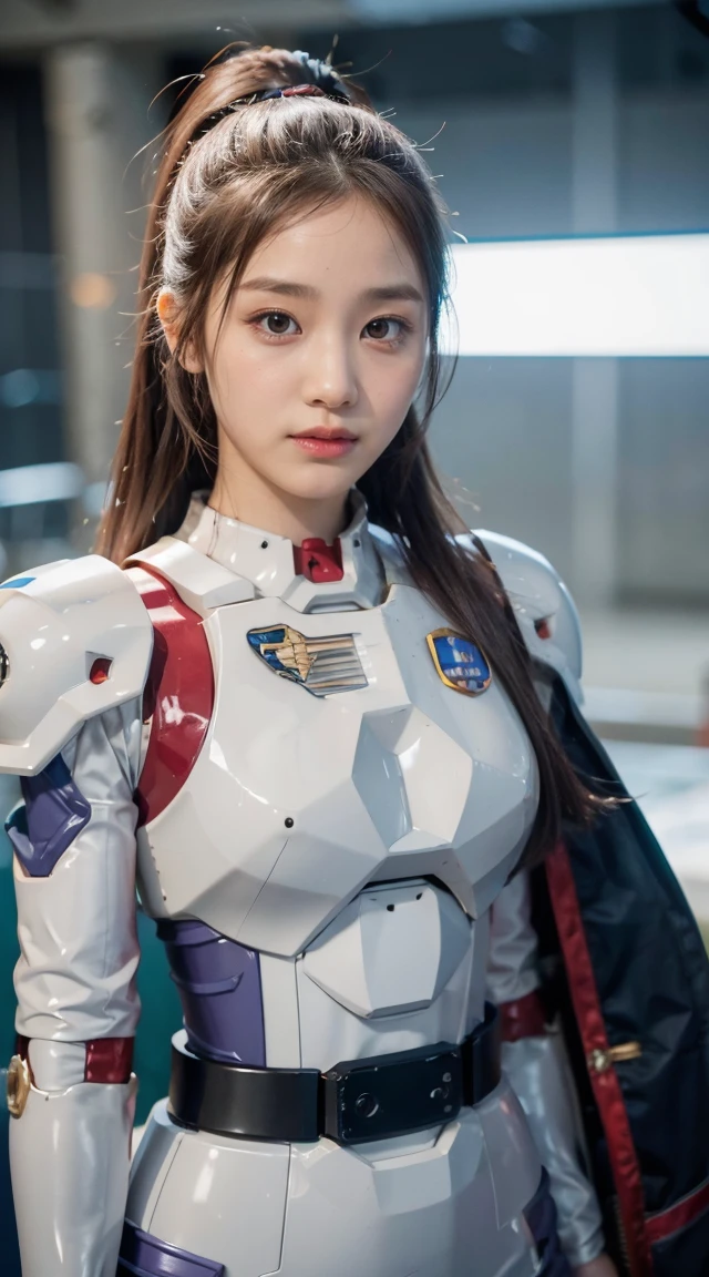 Beautiful young girl, ponytail hair, brown hair, beautiful eyes, beautiful face, raw photo, 8k, high detailed, (gundam), pale lips, white skin, textured skin, (beautiful cyborg woman), (pretty girl), mecha cyborg girl battle mode, girl with a mecha body, she wears a futuristic gundam mecha, full body shot