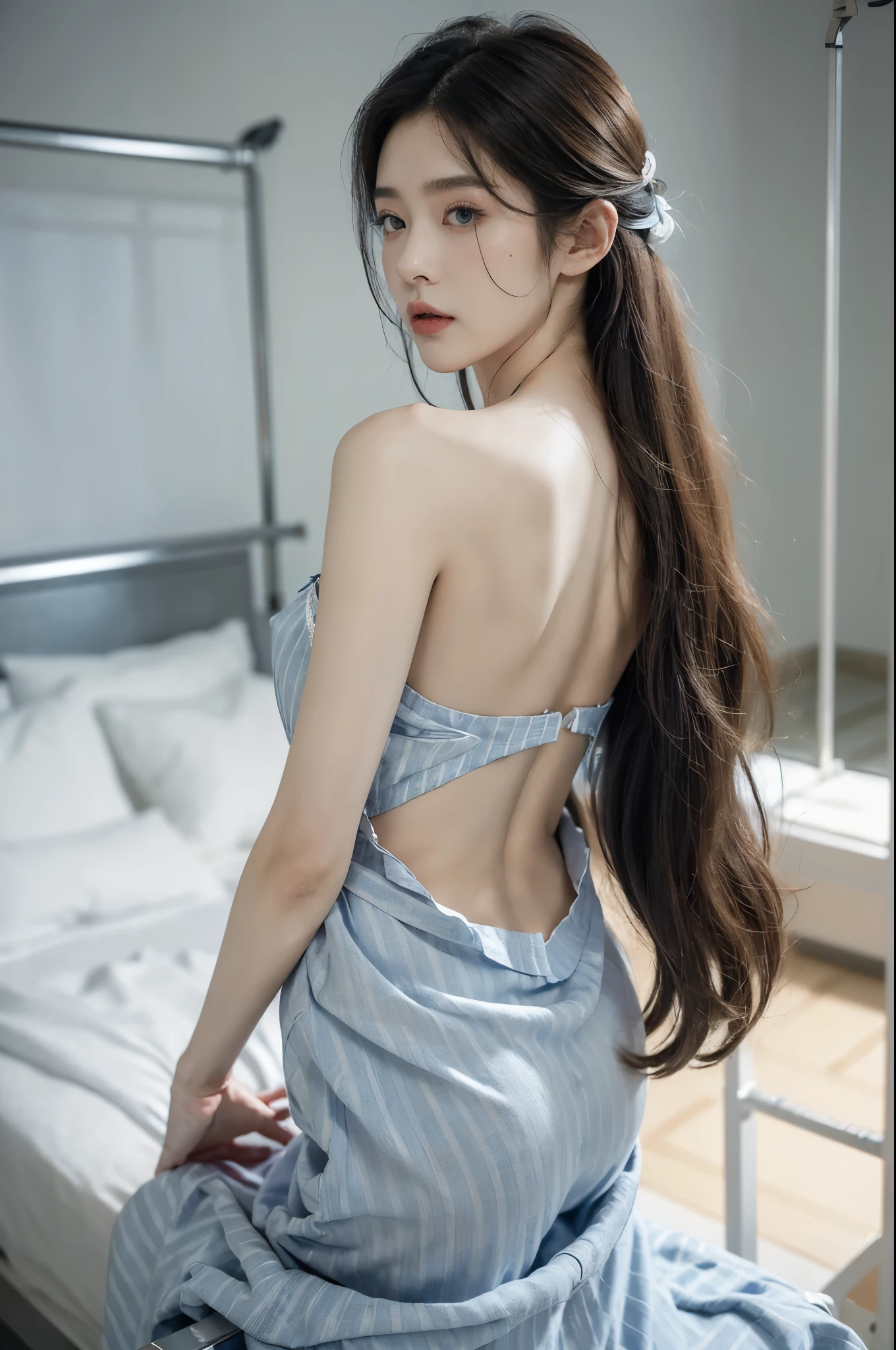 (((best quality))), (((ultra detailed))), (((masterpiece))), illustration,((a fragile and beautiful young girl,solo)),((slim,thin)),((shoulder off,bare back,towering hips,butt crack)),((sitting on a hospital bed)),(vertical striped blue and white collared pajama shirt:1.3), ethereal appearance,(shoulder length straight bob hair:1.2),((close eyes,open mouth,female orgasmic,blush,ahegao)),delicate features, expressive eyes, porcelain skin, worried expression, vertical stripes on the gown, loose fit, slender fingers, polished nail polish, clinical examination room, faded walls, doctors' cart, stainless steel, hospital backdrop, stark contrasts, cold environment, warmth and vulnerability, poignant moment, moving image,((from back,upper body)),