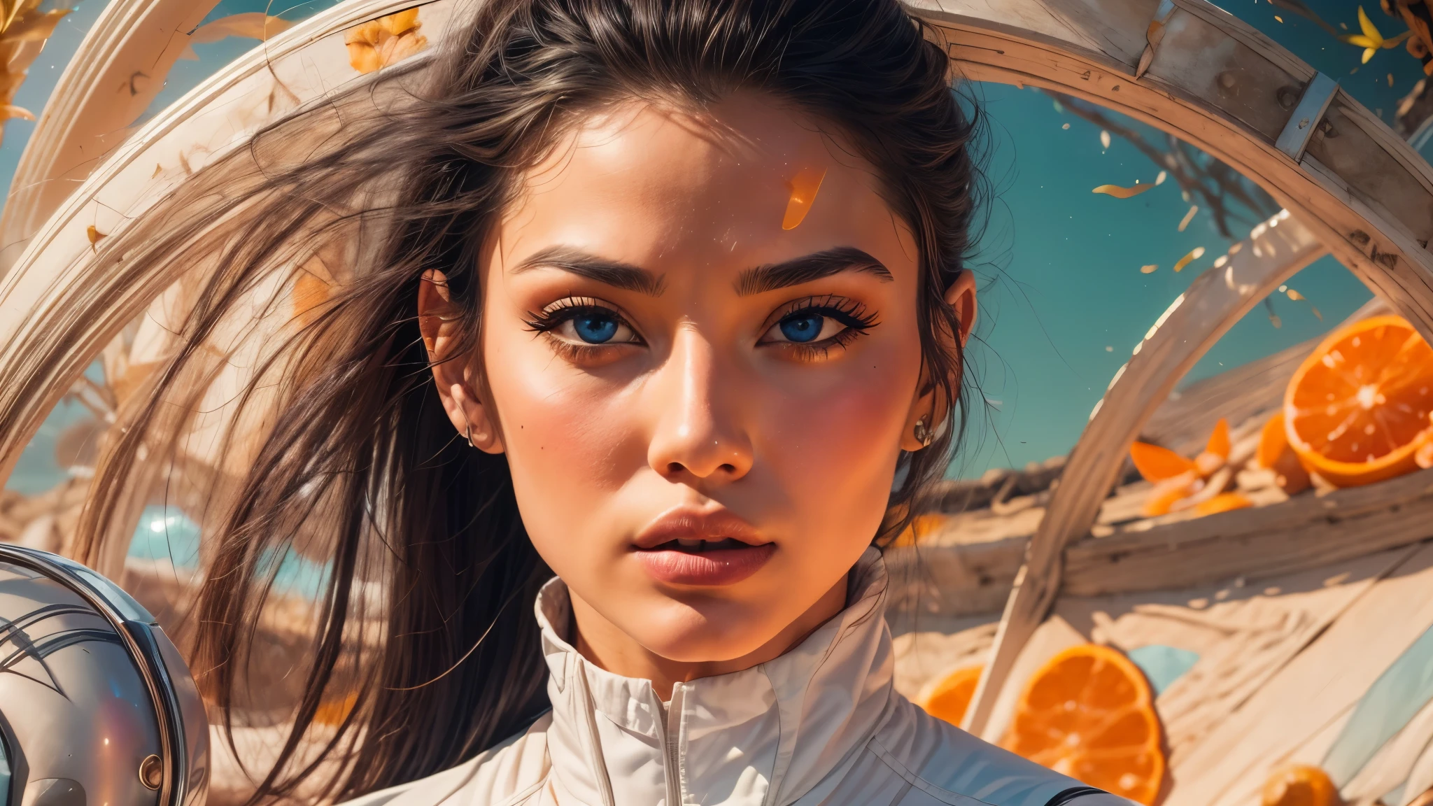 arafed image of a white woman in a futuristic suit with a spaceship in the background, movie art, in front of an orange background, inspired by Robert McGinnis, female protagonist, megastructure in the background, portrait of an ai astronaut, astronauts, an astronaut, portrait of a astronaut skeletor, perfect android girl, Highly Detailed Face and Skin Texture, Detailed Eyes, Double eyelids, perfectly detailed teeth, frank franzzeta and sakimichan