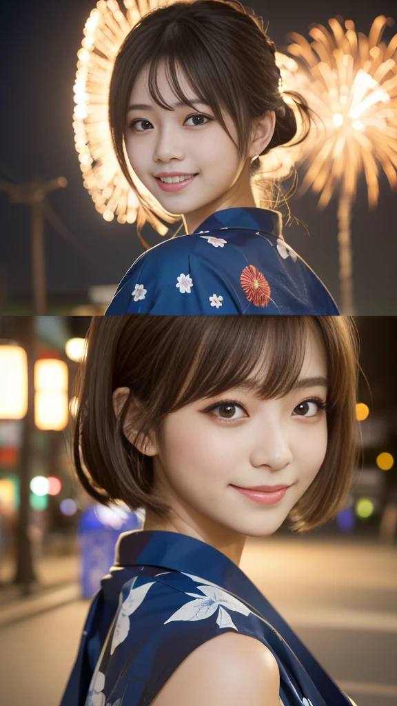 Looking at the camera, ((Big breasts that are about to burst :1)), (((highest quality, 8K, masterpiece))), Sharp focus, (Beautiful woman with perfect figure), (Hairstyle: light brown hair, good)), ((Wear Yukata: blue)), street: 1.2 Highly detailed face and skin texture Detailed eyes Double eyelid Random pose, (smile),ssuperiorer cute Japan person,ssuperiorer beauty Japanese girl, Realistic Face, double eyelid,smile, Beautiful Teeth, a grill in yukata,fluid,light particles, fantastic fireworks background, dreamy,shimmering,dreamy glow, all kinds of firework,Glowing Neon,Temple fairs,summer festivals,various street vendors,seaside,starry sky,sunset glow,