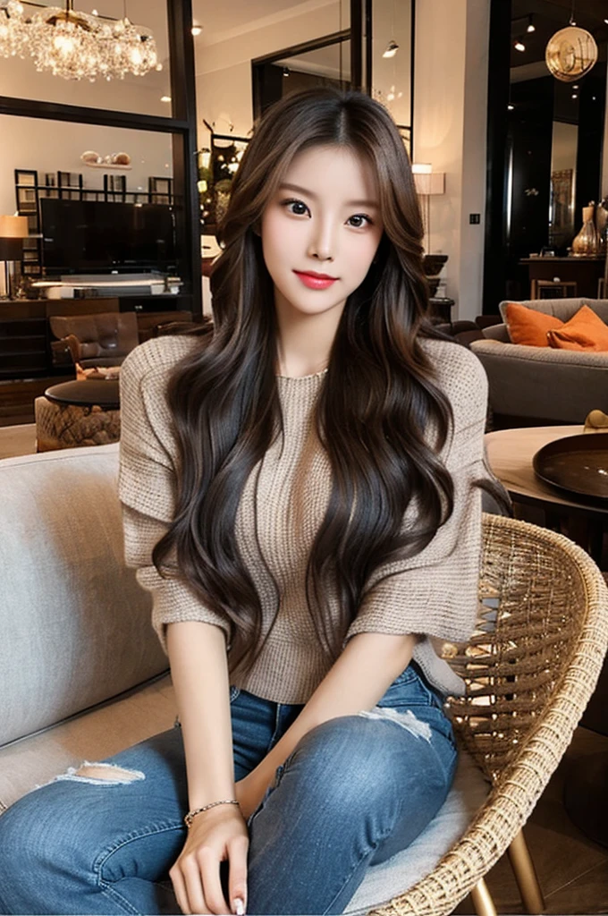 Generate an image of a stunning 20-year-old Asian woman with beauty akin to a goddess of the fire element. She has big brown eyes, dark brown hair, glowing skin, and an attractive appearance. She is wearing a beautiful top paired with blue skinny jeans. The woman is sitting sweetly on a living room sofa, her posture relaxed and inviting, surrounded by cozy and elegant decor.