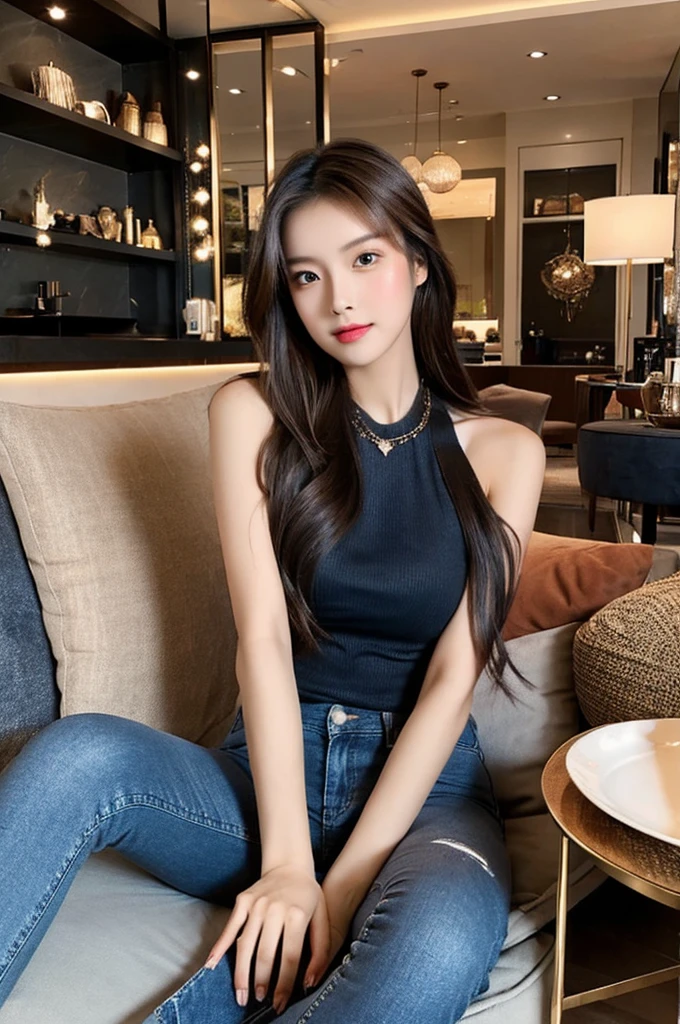 Generate an image of a stunning 20-year-old Asian woman with beauty akin to a goddess of the fire element. She has big brown eyes, dark brown hair, glowing skin, and an attractive appearance. She is wearing a beautiful top paired with blue skinny jeans. The woman is sitting sweetly on a living room sofa, her posture relaxed and inviting, surrounded by cozy and elegant decor.