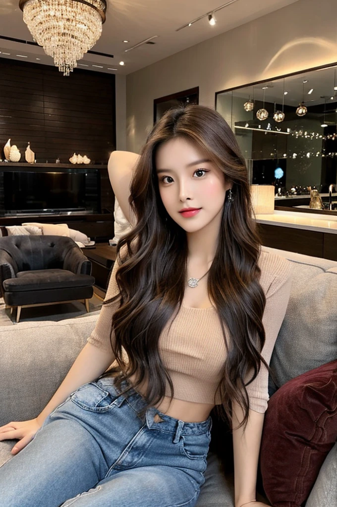 Generate an image of a stunning 20-year-old Asian woman with beauty akin to a goddess of the fire element. She has big brown eyes, dark brown hair, glowing skin, and an attractive appearance. She is wearing a beautiful top paired with blue skinny jeans. The woman is sitting sweetly on a living room sofa, her posture relaxed and inviting, surrounded by cozy and elegant decor.