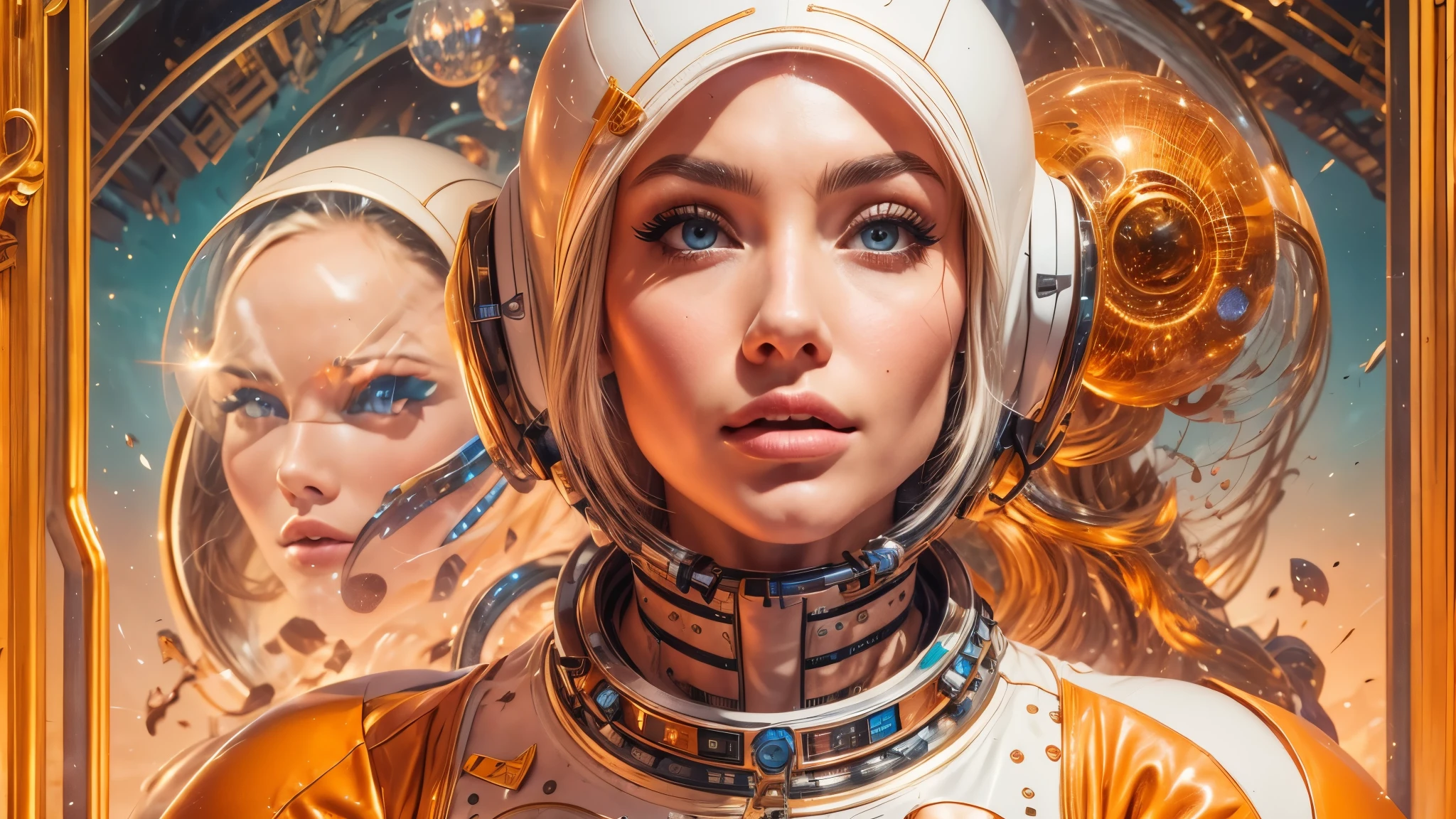 arafed image of a white woman in a futuristic suit with a spaceship in the background, movie art, in front of an orange background, inspired by Robert McGinnis, female protagonist, megastructure in the background, portrait of an ai astronaut, astronauts, an astronaut, portrait of a astronaut skeletor, perfect android girl, Highly Detailed Face and Skin Texture, Detailed Eyes, Double eyelids, perfectly detailed teeth, frank franzzeta and sakimichan