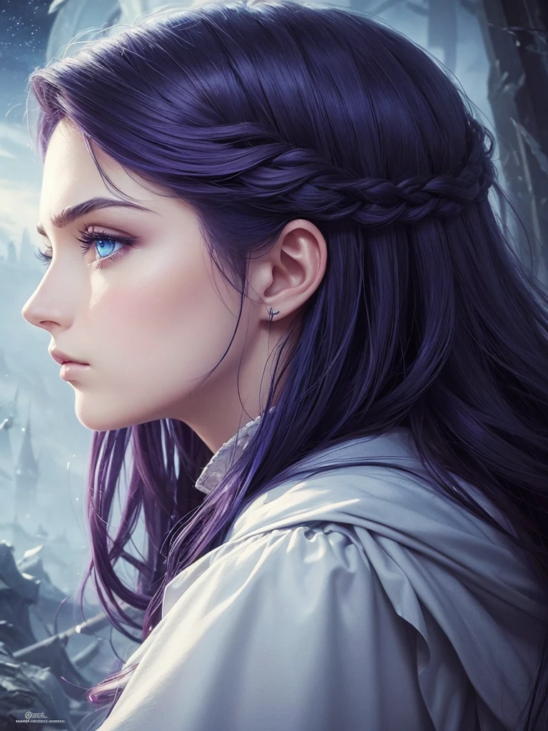 ((masterpiece, Highest quality, Official Art, beautiful)), ((profile)), Girl, Pansy hair color, Blue Eyes, prophet, Sad look, Parallel eyebrows, Fantasy, dark, mysterious, Romanian