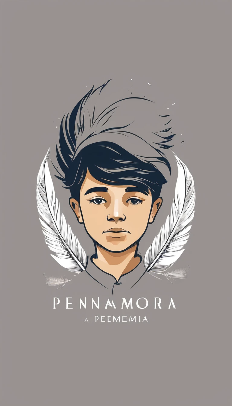Create a minimal, modern, simple, inspirational, memorable, dream like logo design of a boy and a feather for the brand “Penamemoria".