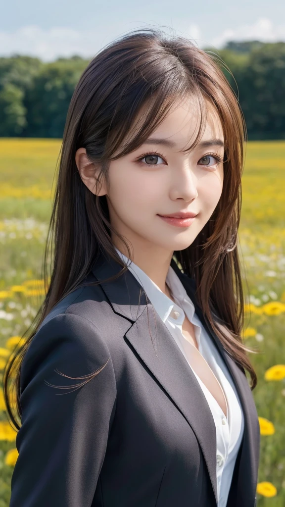 highest quality、genuine、Super detailed、finely、High resolution、8k wallpaper、one beautiful woman、、、light brown disheveled hair、wearing a business suit、sharp focus、perfect dynamic composition、beautiful and detailed eyes、thin hair、Detailed genuine skin texture、smile、model body shape、In a windswept meadow