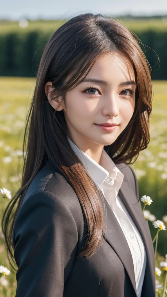 highest quality、genuine、Super detailed、finely、High resolution、8k wallpaper、one beautiful woman、、、light brown disheveled hair、wearing a business suit、sharp focus、perfect dynamic composition、beautiful and detailed eyes、thin hair、Detailed genuine skin texture、smile、model body shape、In a windswept meadow