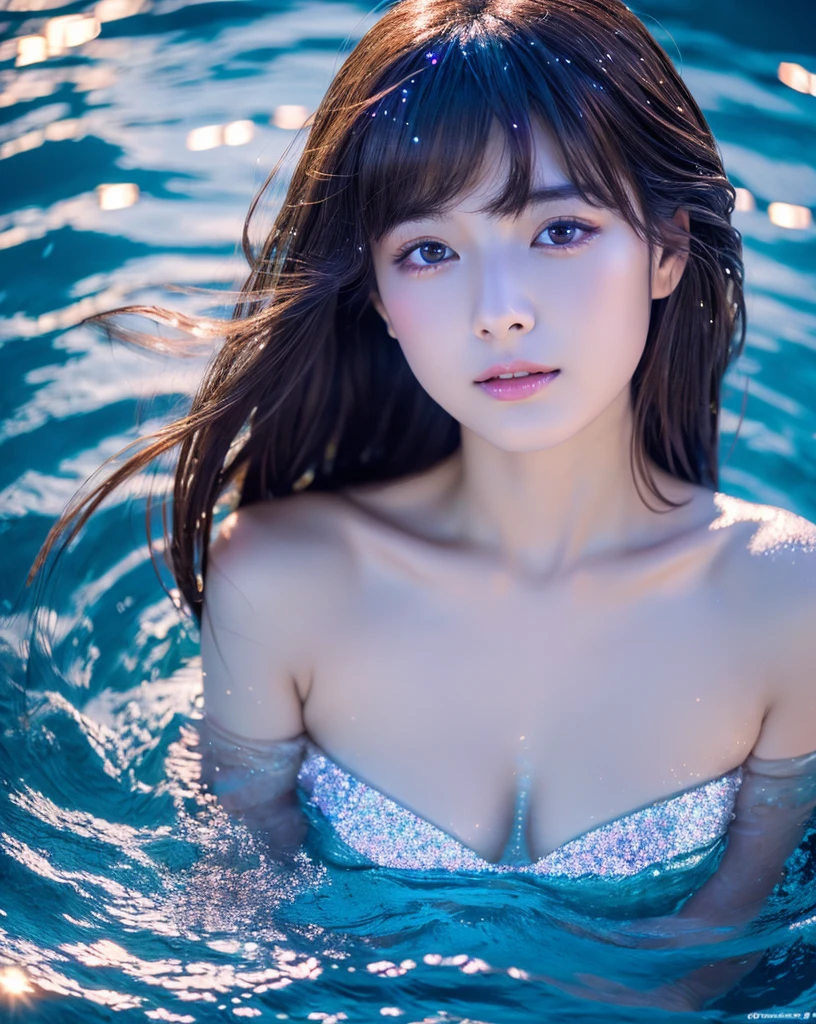 (highest quality, 8K, High resolution, masterpiece:1.2, unrealistic), beautiful japanese girl, 18-year-old, close up shot, Naked in the pool, (Above the water surface above the chest:1.3), I close my eyes comfortably., (Hair that sparkles like the starry sky:1.3), Super Long Straight Silk Hair, asymmetrical bangs, big magical eyes, High-resolution eyes that sparkle like the starry sky, smooth soft skin, High resolution perfect collarbone, High resolution beautiful bust, blue night, The water surface shines colorfully, illumination, colorful lights, sparkling light effect, professional lighting, professional photographer