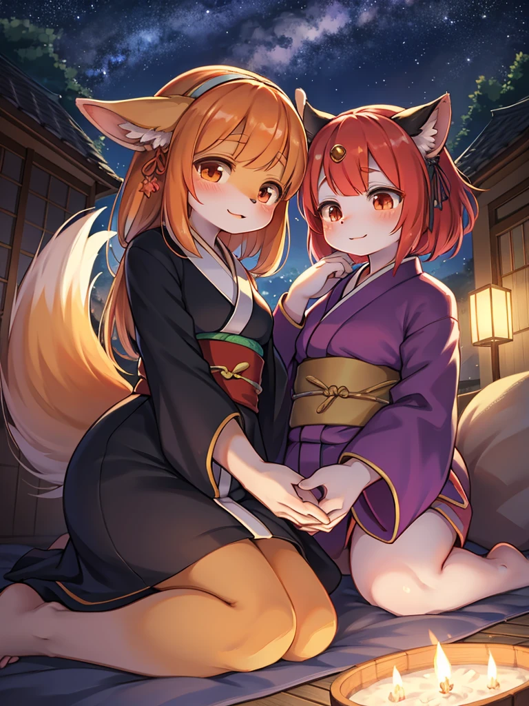 masterpiece, best quality, ultra detailed, sparkling eyes, Pink hair, face markings, Multiple tails, Fox tail, Japanese clothes, Bare shoulders, white thighhighs, Hair ribbon, Large breasts, forest, standing, Cowboy shot,make，2 girls，tongue kissing，Breast-to-breast contact，2girls,(Lady:1.2), ((Extremely detailed face, Hair, skin, Eyes)), hdr, 4K, 16k, 32K, 64k, 128k, 256k, 512k, Asymmetrical balance, teas, Anti – Aliasing, Intricate details, Fantastic, magic, Light rays, Ray traching, post-proces, eyeslashes, (eye shadows), eyes liner, mascara, Makeup, Yuri, (Thighs:0.8), Dynamic Angle(Large breasts), tongue kissing, grabbing breast