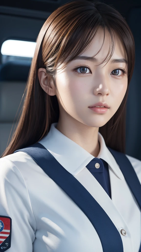 A beautiful young Japanese woman, around 20 years old, wearing a stewardess uniform, ultra-detailed, 8K resolution, highly realistic, cinematic lighting, best quality, masterpiece, photorealistic, physically-based rendering, extremely detailed, vivid colors, professional, sharp focus, studio lighting