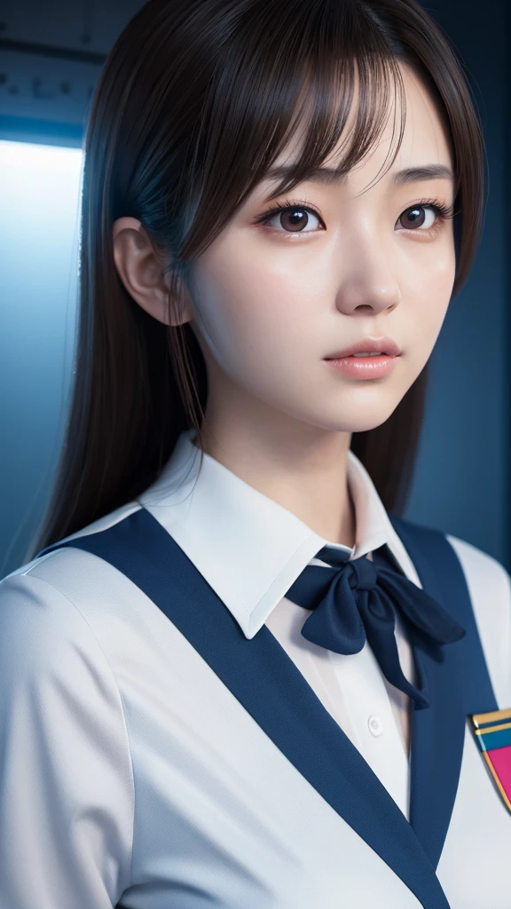 A beautiful young Japanese woman, around 20 years old, wearing a stewardess uniform, ultra-detailed, 8K resolution, highly realistic, cinematic lighting, best quality, masterpiece, photorealistic, physically-based rendering, extremely detailed, vivid colors, professional, sharp focus, studio lighting